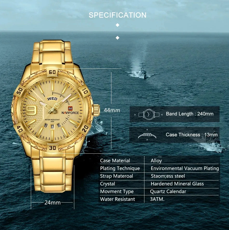 Montre pour homme NAVIFORCE de marque de luxe et de haute qualité : calendrier (date), aiguilles luminescentes ; idéale pour le sport, les activités de plein air, les trajets quotidiens ou comme cadeau.