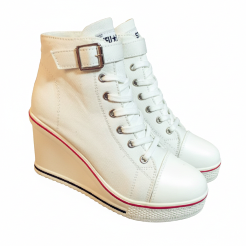 Baskets montantes compensées en toile et jean pour femme – Modèle à lacets, talon de 8 cm