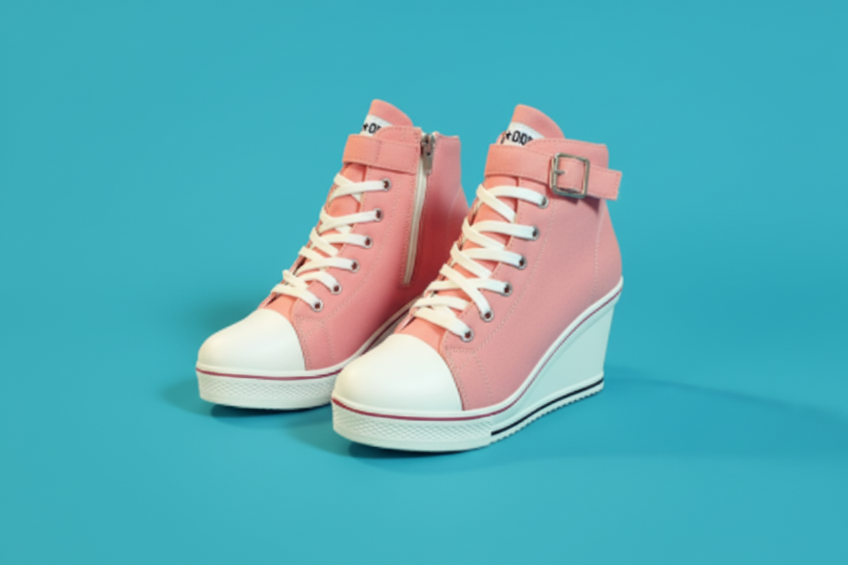 Baskets montantes compensées en toile et jean pour femme – Modèle à lacets, talon de 8 cm