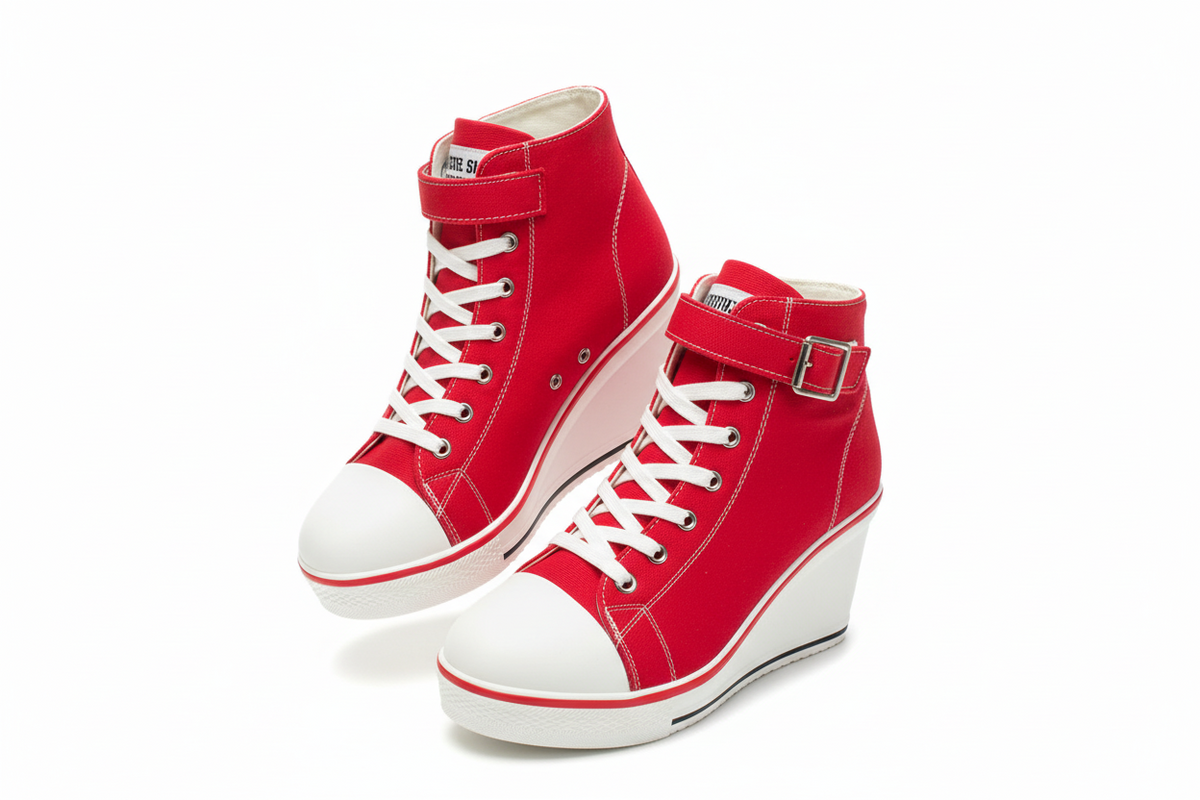 Baskets montantes compensées en toile et jean pour femme – Modèle à lacets, talon de 8 cm