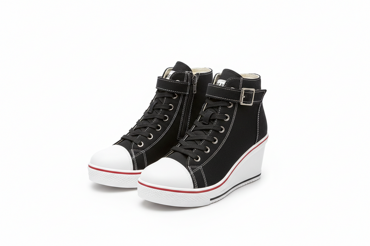 Baskets montantes compensées en toile et jean pour femme – Modèle à lacets, talon de 8 cm